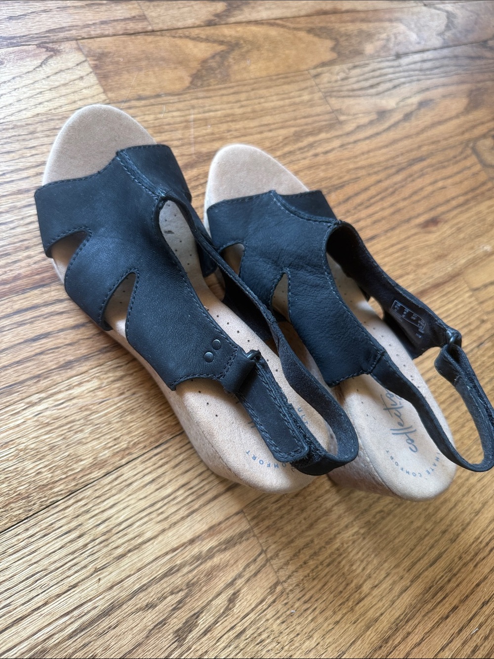 Clarks Black Slingback Leather Sandals with Neutral Footbed